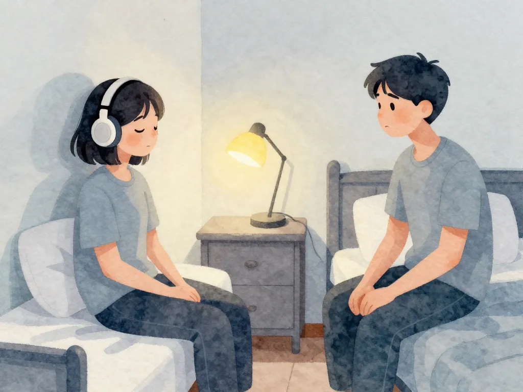 Illustration of a college roommate giving the silent treatment while the other looks on with concern in a small dorm room