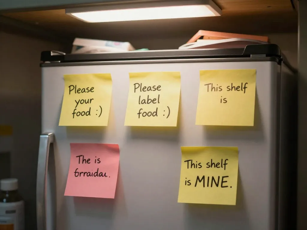 Passive-aggressive sticky notes on a dorm room mini-fridge illustrating indirect roommate communication