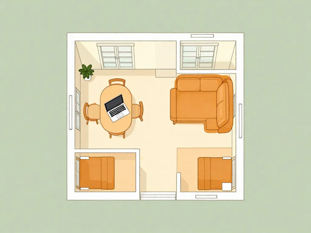 Illustrated floor plan of a shared apartment highlighting contested zones where WFH and personal use overlap