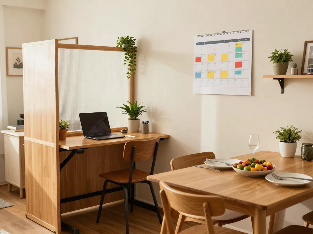 A well-organized shared apartment space with a dedicated folding desk workspace separated from the dining area by a room divider