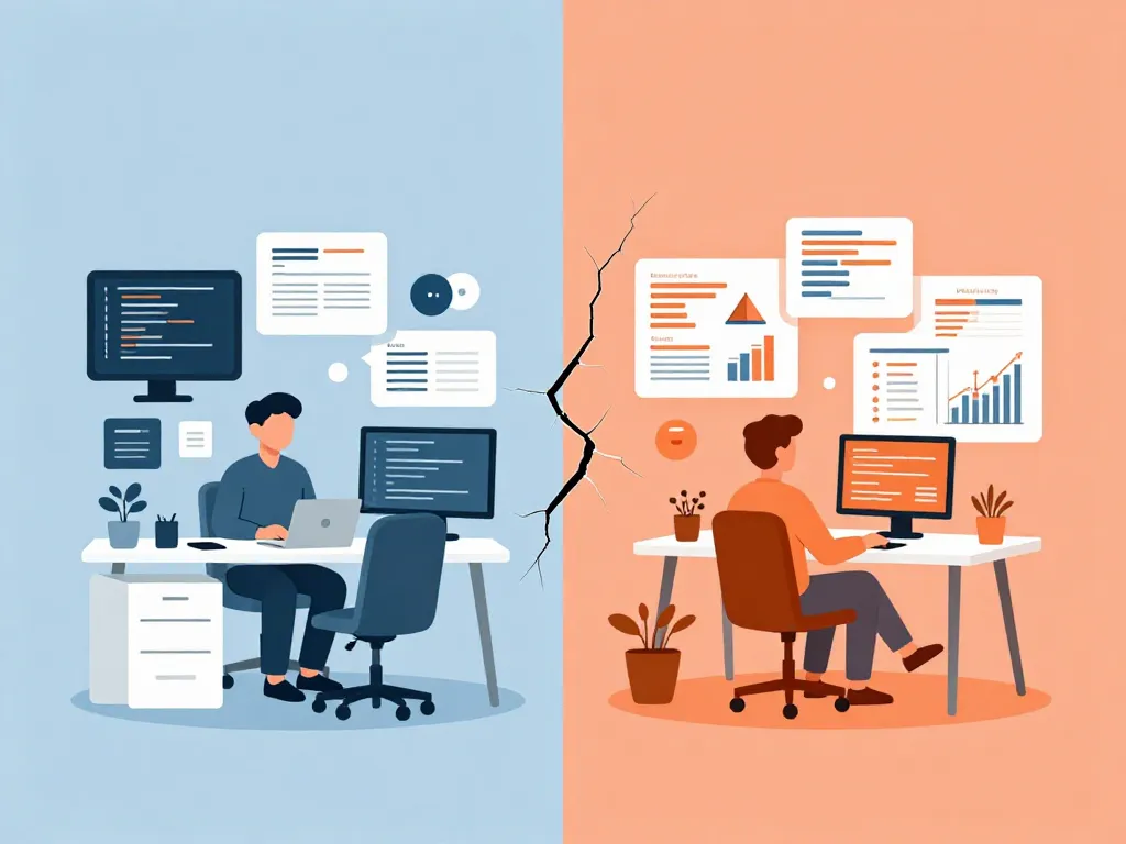 Split illustration of two cofounders working in separate domains with a crack forming between them, representing the separate kingdoms red flag