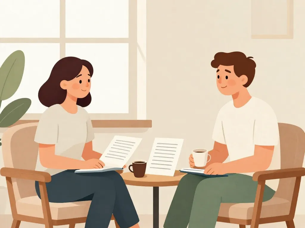 Illustration of two cofounders having an intentional, structured conversation with a shared document between them