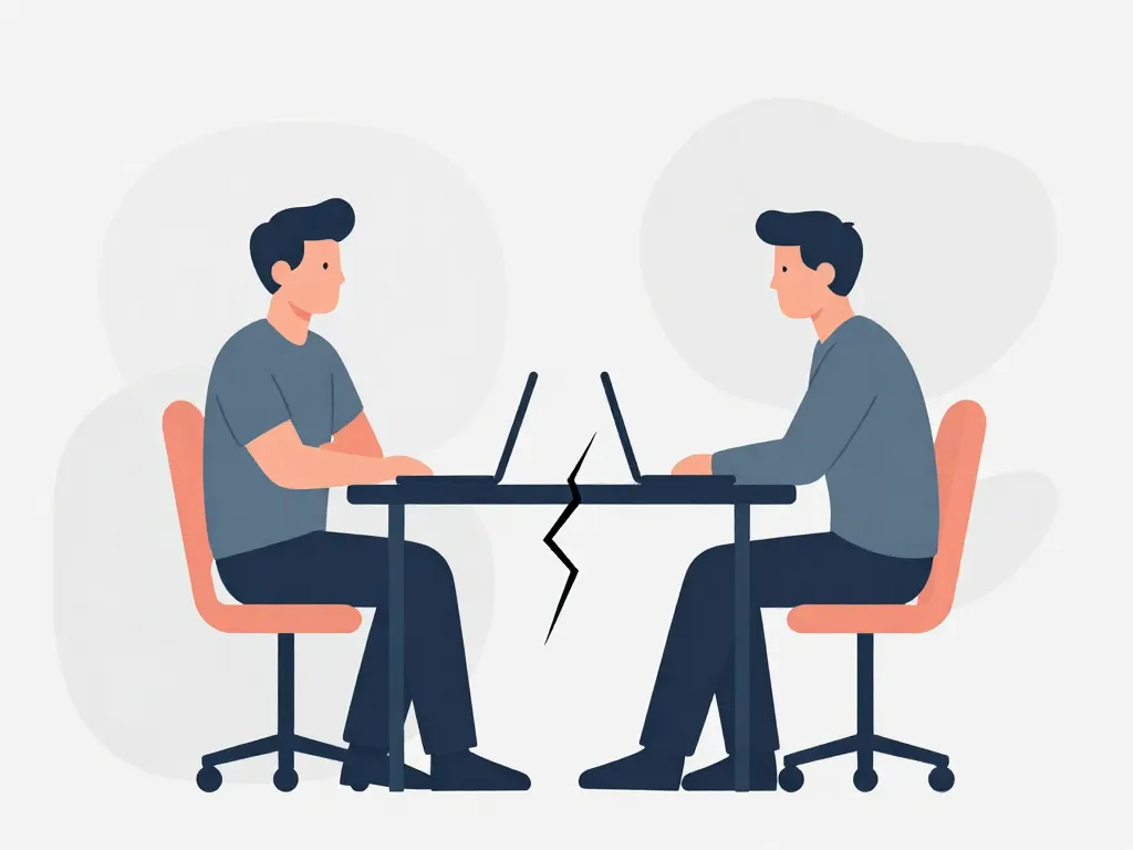 Illustration of two co-founders in tense discussion across a cracked table representing co-founder conflict