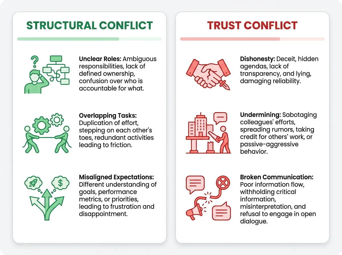 Comparison infographic showing structural co-founder conflict versus trust-based co-founder conflict with distinguishing characteristics