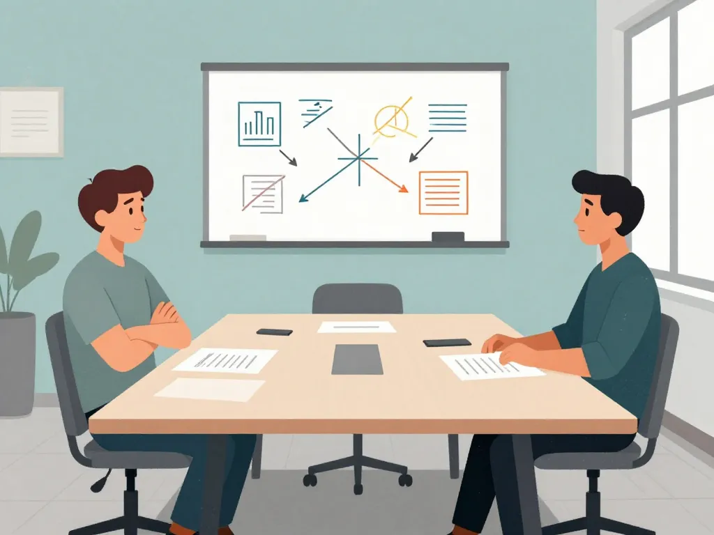 Illustration of two cofounders sitting at opposite ends of a conference table with visible tension between them