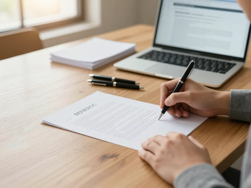 Two people signing a formal exit agreement document at a wooden desk in warm natural light