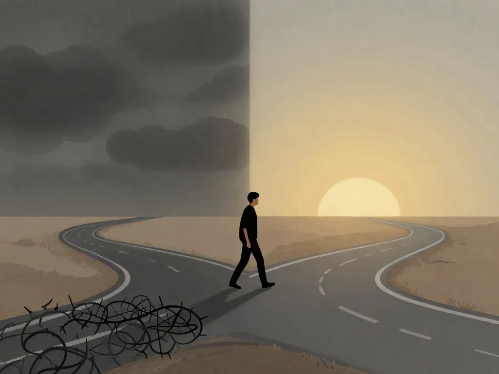 Illustration of a person standing at a crossroads, choosing between a dark stormy path and a brighter open path ahead