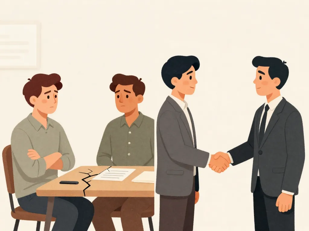 Split illustration showing cofounders in tense conflict on one side and reaching a professional resolution on the other