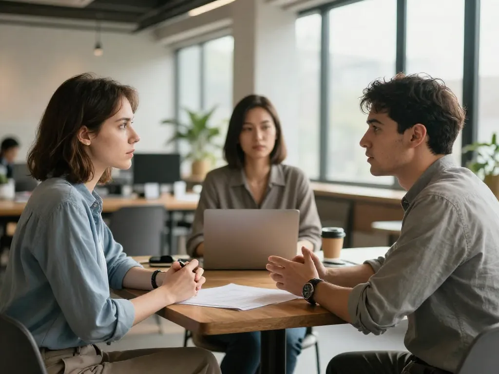 Two cofounders having a mediated conversation with a neutral third party at a table in a well-lit office