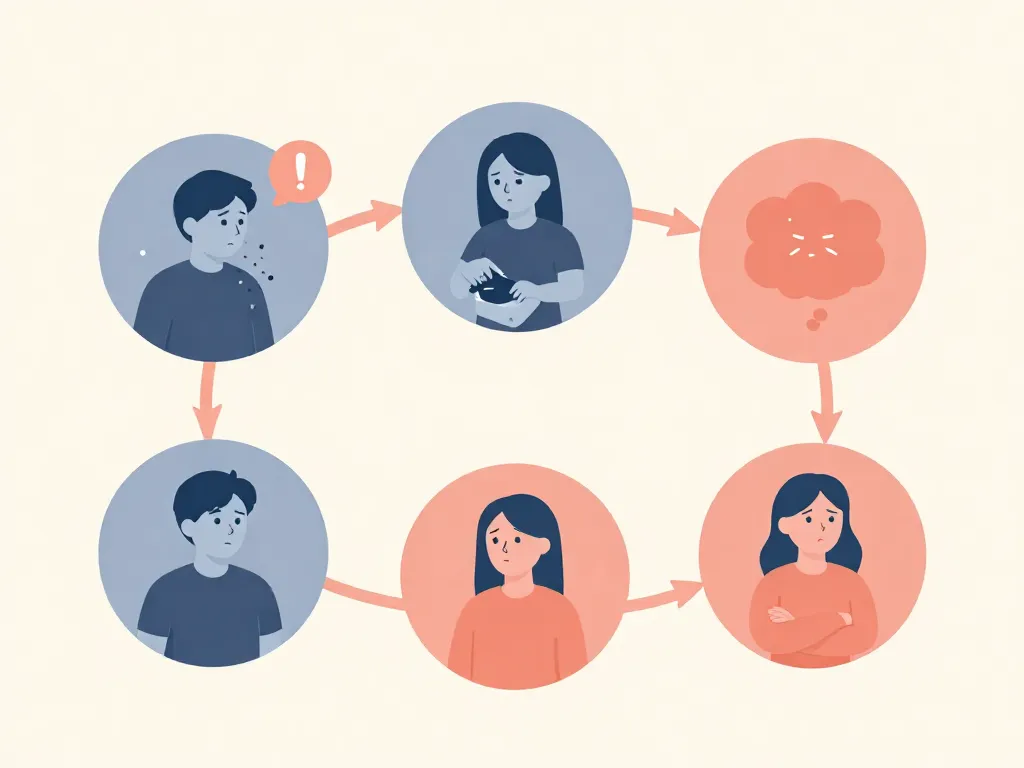 Illustration showing the five-stage cycle of resentment in housework conflicts between partners
