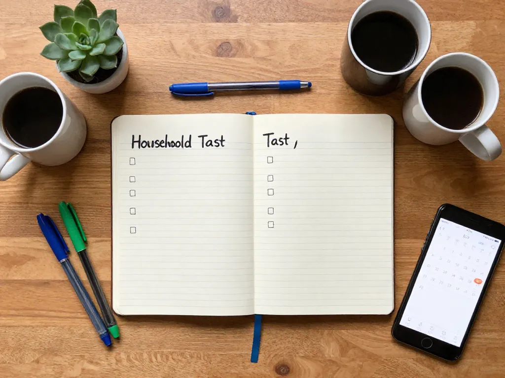 Overhead view of a household chore audit notebook with two columns and colored pens, representing a couple collaboratively planning their task division