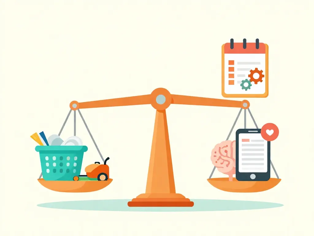 Illustration of an unbalanced scale comparing visible household chores to invisible mental labor tasks, showing that invisible labor often outweighs physical tasks