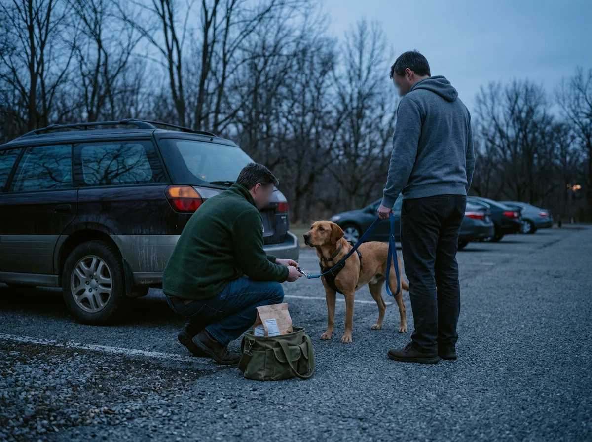 Two people exchanging a dog and a leash in a parking lot at dusk