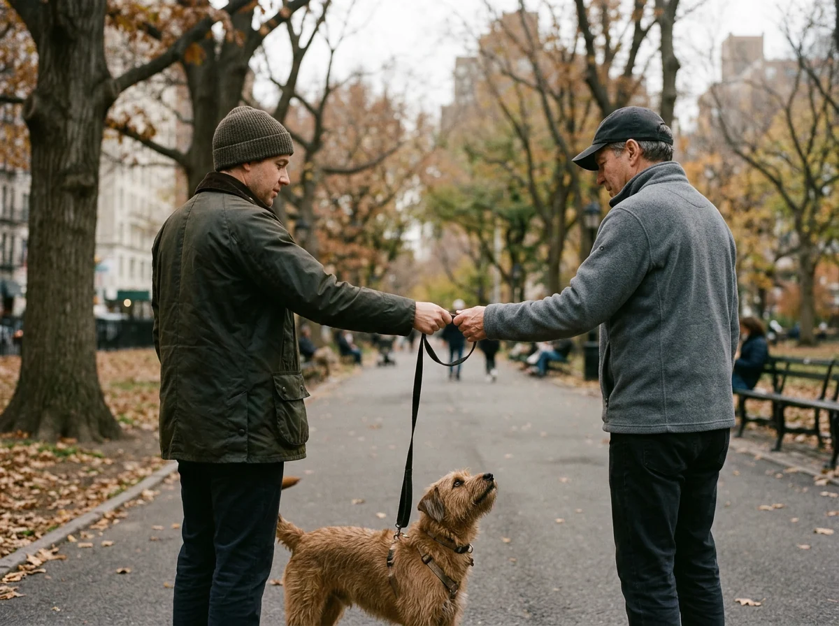 Two people exchanging a dog leash in a park, standing at a polite distance from each other