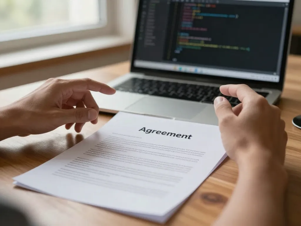 Close-up of two cofounders' hands near a laptop and a printed IP agreement on a wooden desk