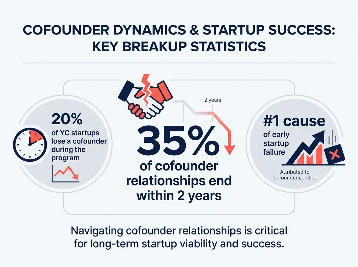 Infographic showing cofounder breakup statistics: 35% split within 2 years, 20% during YC, number one cause of startup failure