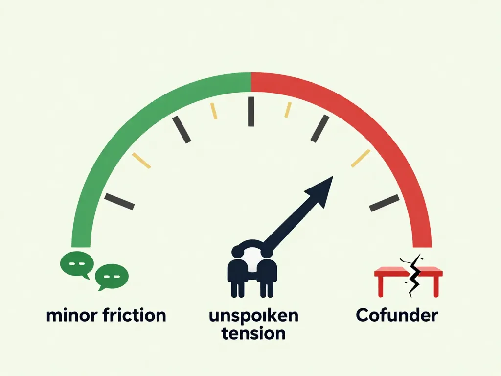 Illustrated pressure gauge showing escalating cofounder conflict stages from minor friction to breaking point