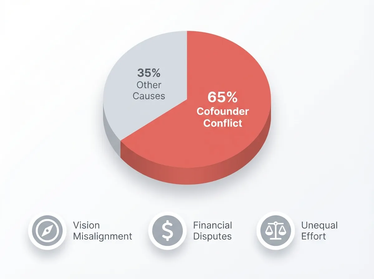 Infographic showing 65% of startup failures caused by cofounder conflict, broken into three root causes: vision misalignment, financial disputes, and unequal effort