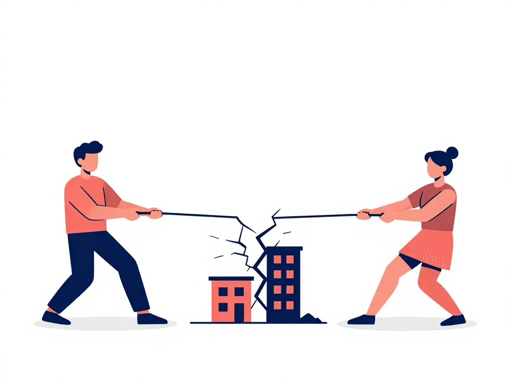 Illustration of two cofounders pulling in opposite directions causing their startup to crack apart, representing vision misalignment