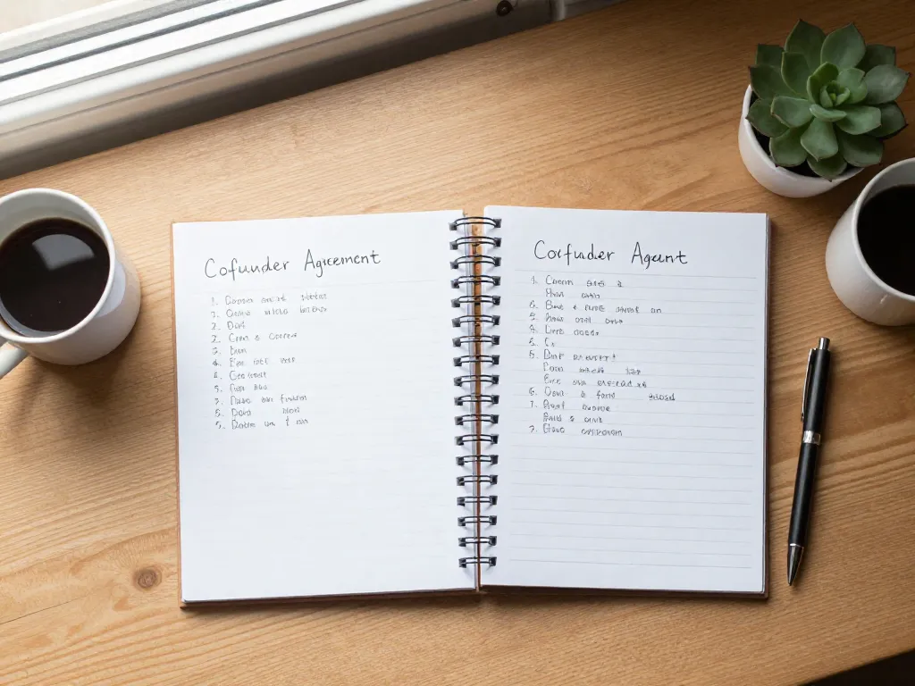 Overhead view of two notebooks on a desk representing cofounders working through a written operating agreement