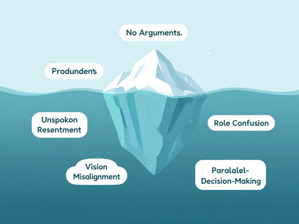 Iceberg illustration showing visible lack of arguments above waterline and hidden cofounder tensions like resentment and misalignment below