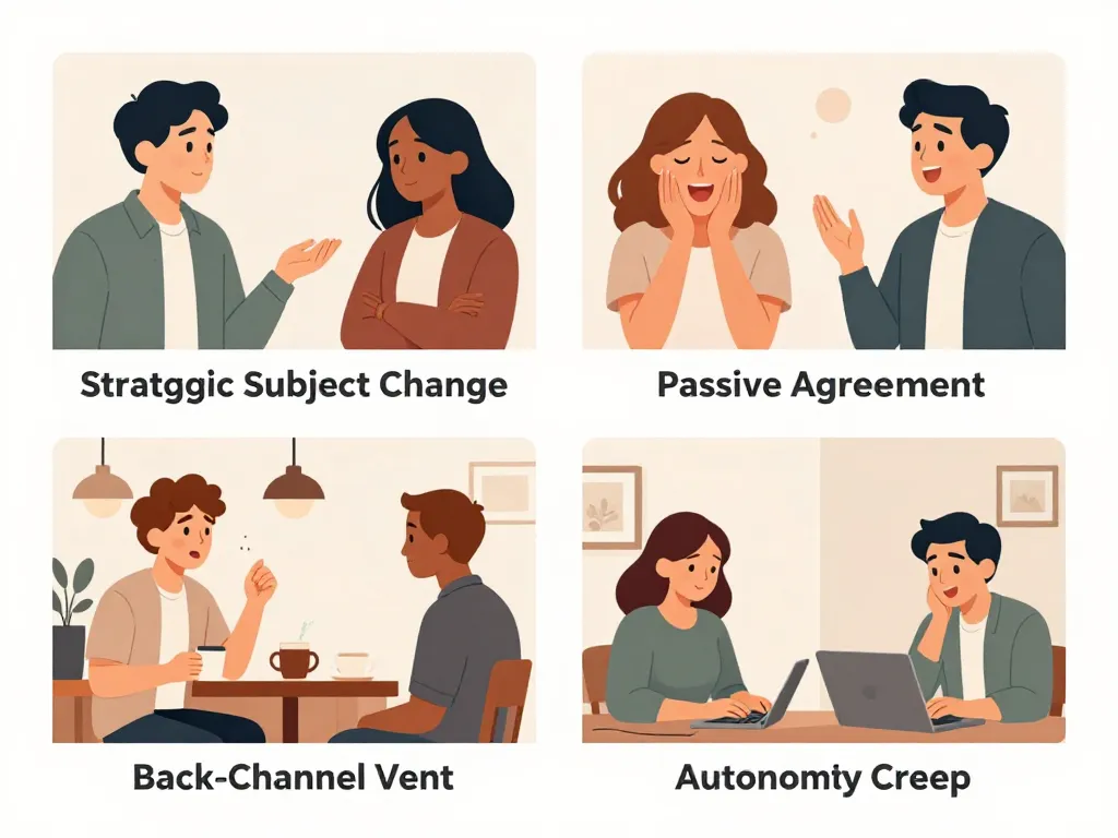 Four-panel illustration showing common forms of cofounder conflict avoidance: subject changing, passive agreement, venting to others, and working in silos