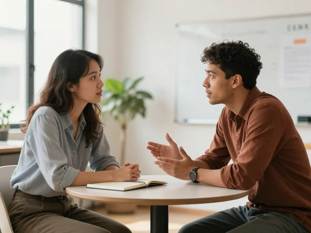 Two cofounders having a direct, engaged conversation face-to-face at a small table, demonstrating healthy cofounder communication