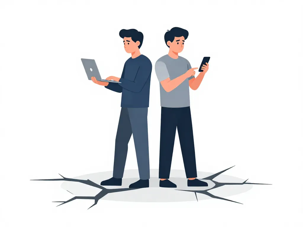 Illustration of two cofounders standing back-to-back on a cracking foundation, representing the early signs of a cofounder split