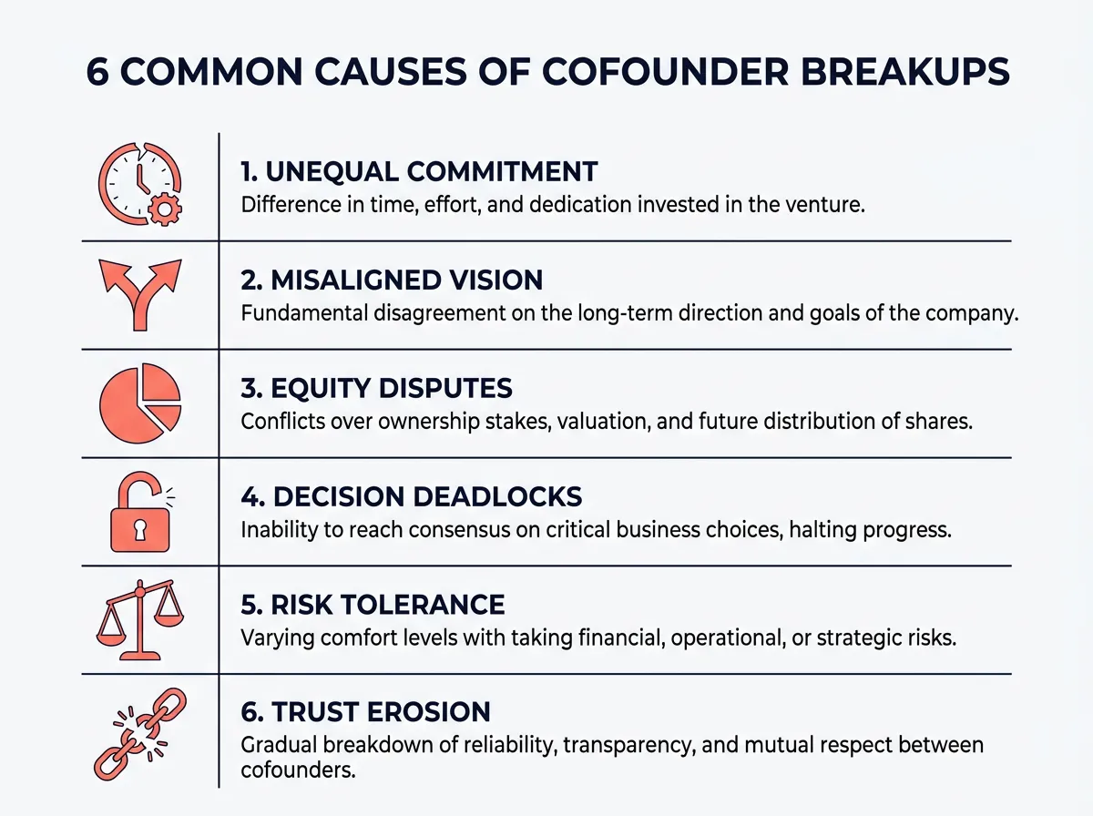 Infographic listing the six most common causes of cofounder breakups with icons for each: unequal commitment, misaligned vision, equity disputes, decision deadlocks, different risk tolerances, and trust erosion