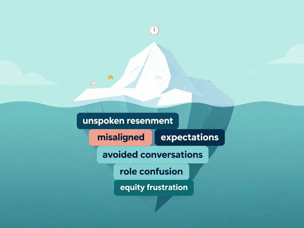 Iceberg illustration showing visible minor irritations above the waterline and deeper unspoken cofounder resentments below the surface
