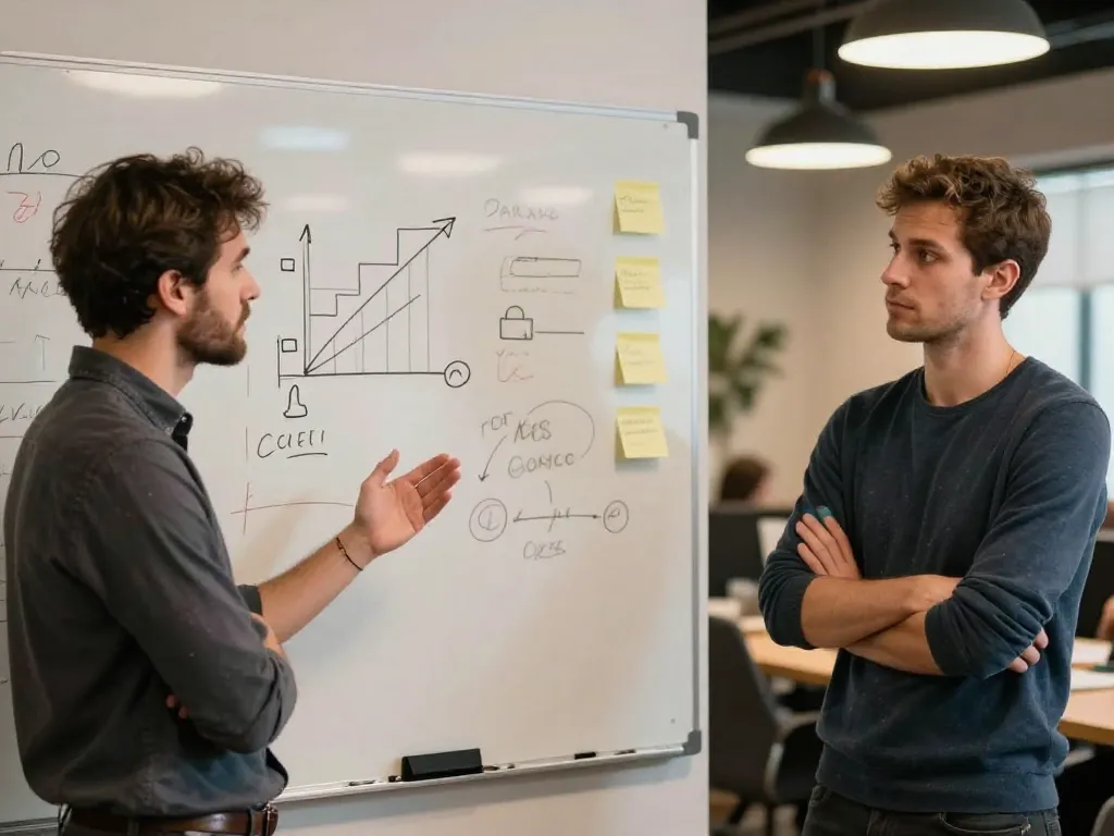 One cofounder actively working at a whiteboard while the other stands apart looking at their phone, illustrating quiet disengagement in a startup setting