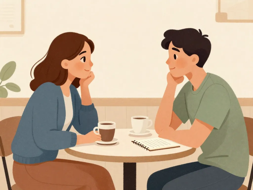 Two cofounders having an intentional face-to-face conversation over coffee with a notebook between them, representing structured communication