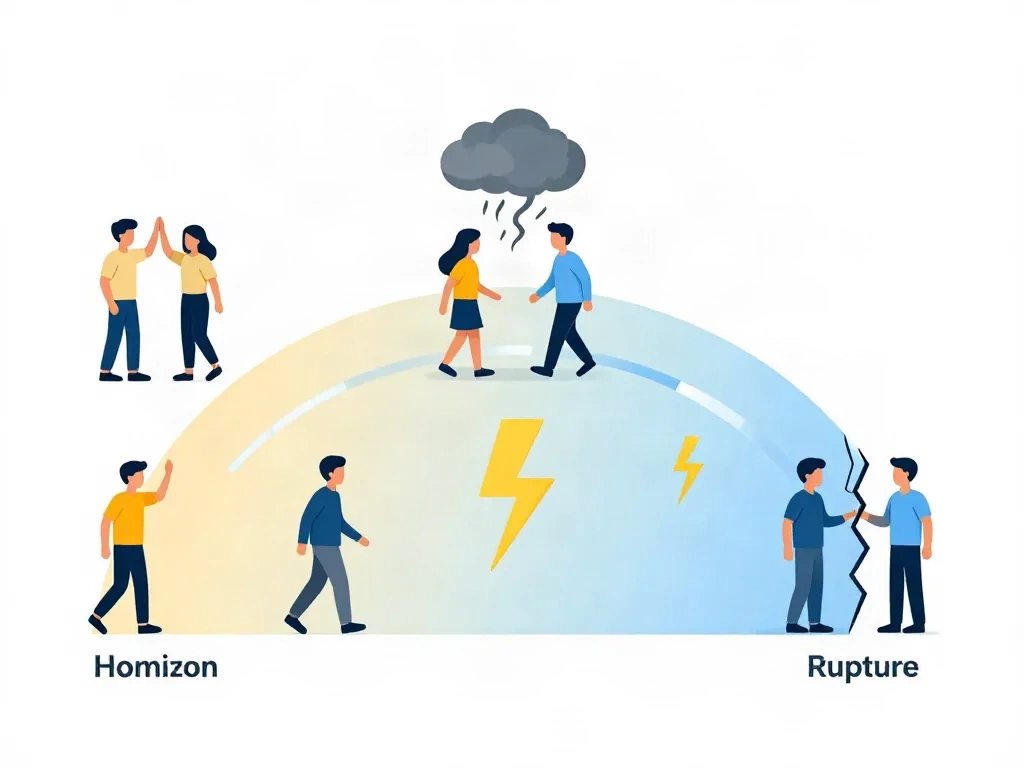 Illustrated timeline showing five stages of cofounder relationship breakdown from honeymoon to rupture