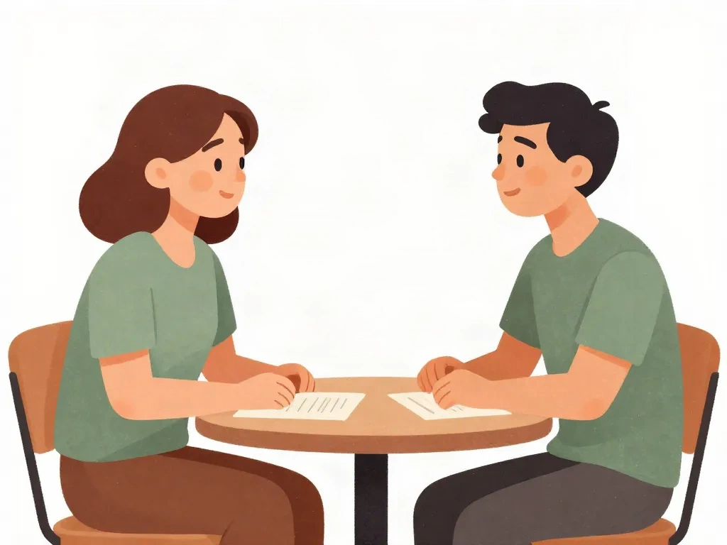Two cofounders having a constructive face-to-face conversation with a written agreement between them on the table