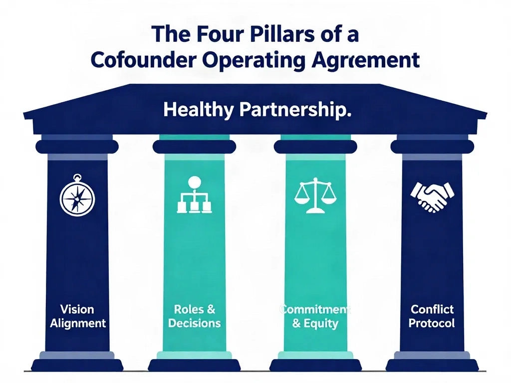 Infographic showing four pillars of a cofounder operating agreement: Vision Alignment, Roles and Decisions, Commitment and Equity, and Conflict Protocol