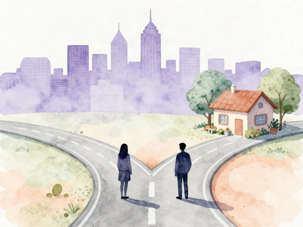 Illustration of two cofounders standing at a fork in the road, one path leading to a large city and the other to a small business, representing vision misalignment