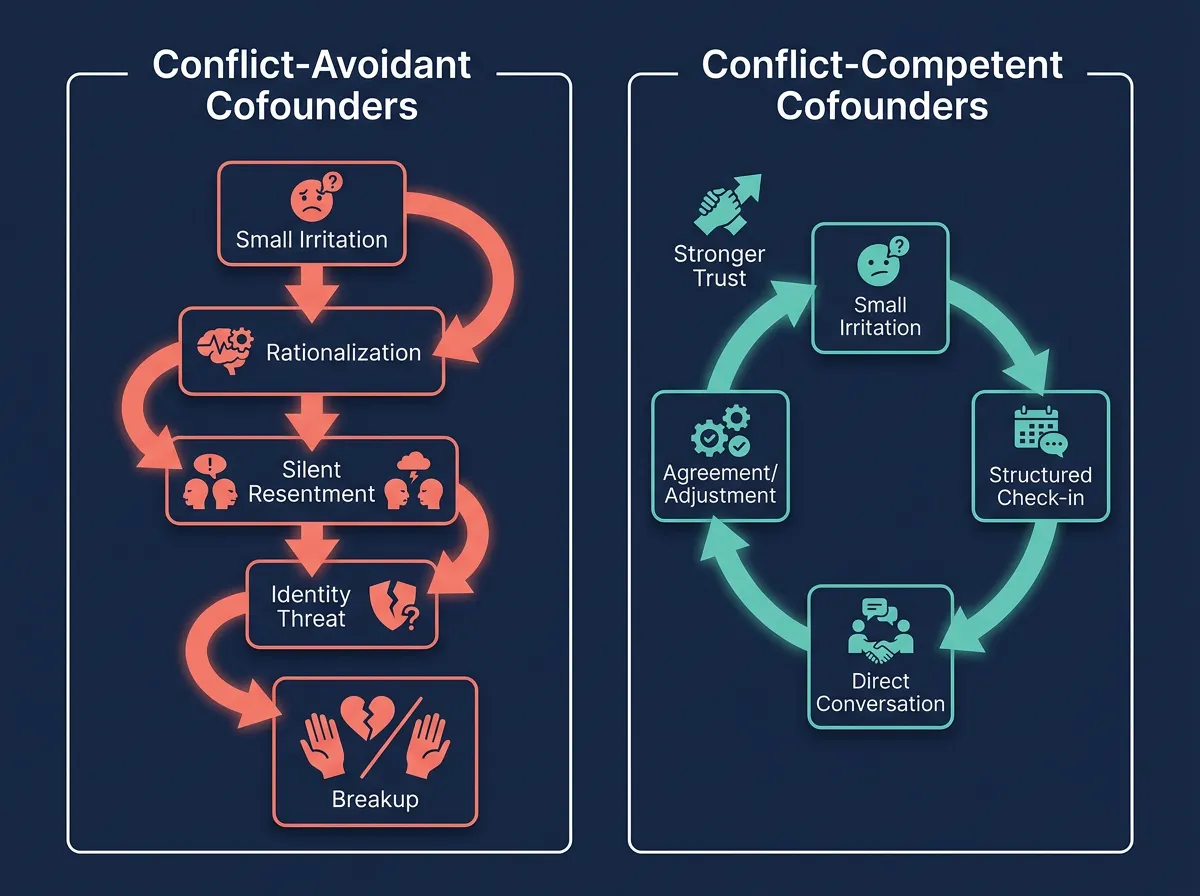 Side-by-side diagram comparing how conflict-avoidant cofounders spiral toward breakup versus how conflict-competent cofounders cycle through disagreements to build stronger trust
