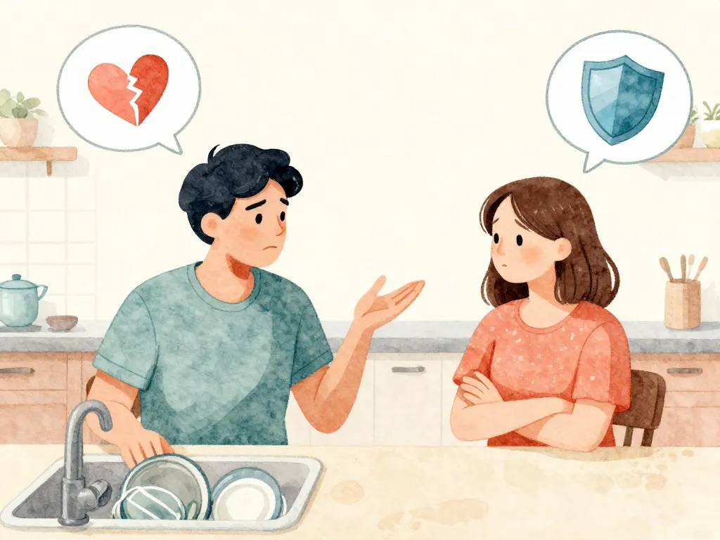Illustration of a couple arguing about dishes with thought bubbles revealing hidden emotional needs underneath the surface conflict