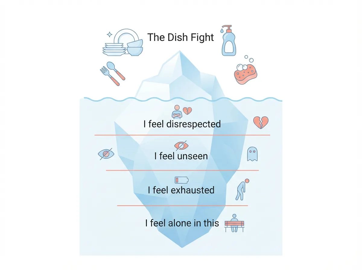 Iceberg diagram showing that the visible dish fight is only the surface, with deeper emotional needs like feeling disrespected, unseen, exhausted, and alone beneath the surface