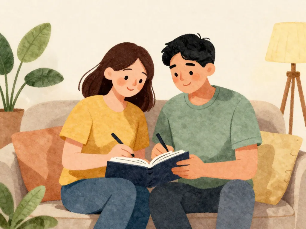Illustration of a couple sitting together on a couch collaboratively writing household agreements in a notebook, conveying teamwork and connection