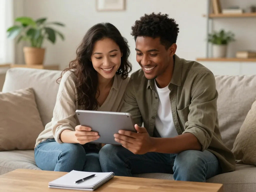 A couple collaborating on a financial plan together on their couch, looking relaxed and connected