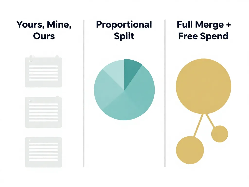 Illustration comparing three budgeting models for couples: yours-mine-ours, proportional split, and full merge with free spending allowances