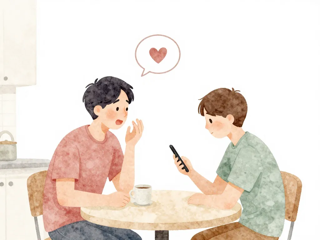 Illustration of one partner trying to connect while the other is absorbed in their phone, with an unnoticed heart-shaped speech bubble floating away