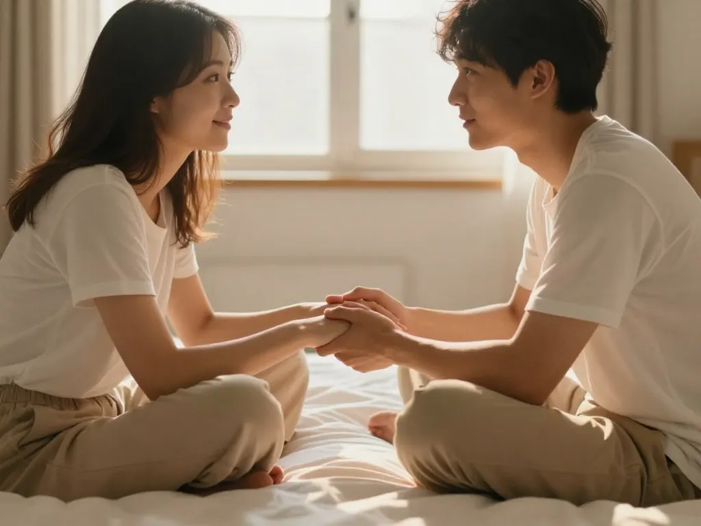 A couple sitting together on a bed holding hands and talking openly in warm morning light, showing emotional vulnerability and connection