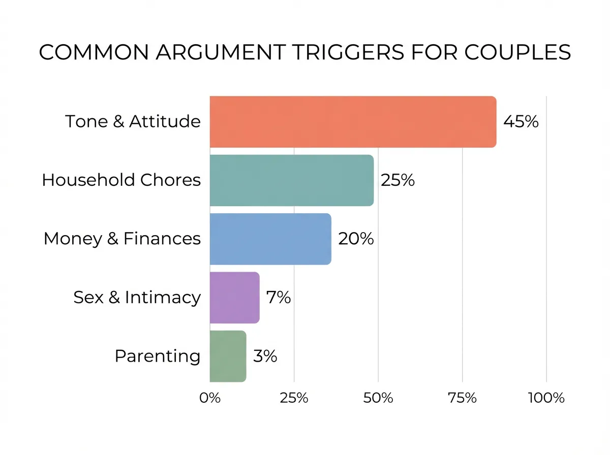 Bar chart showing tone and attitude as the most common argument trigger for couples, ahead of chores, money, sex, and parenting