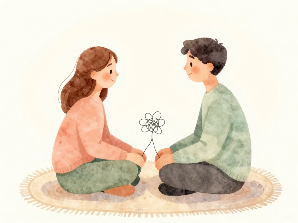 Watercolor illustration of a couple sitting together calmly, symbolizing repair and reconnection after conflict