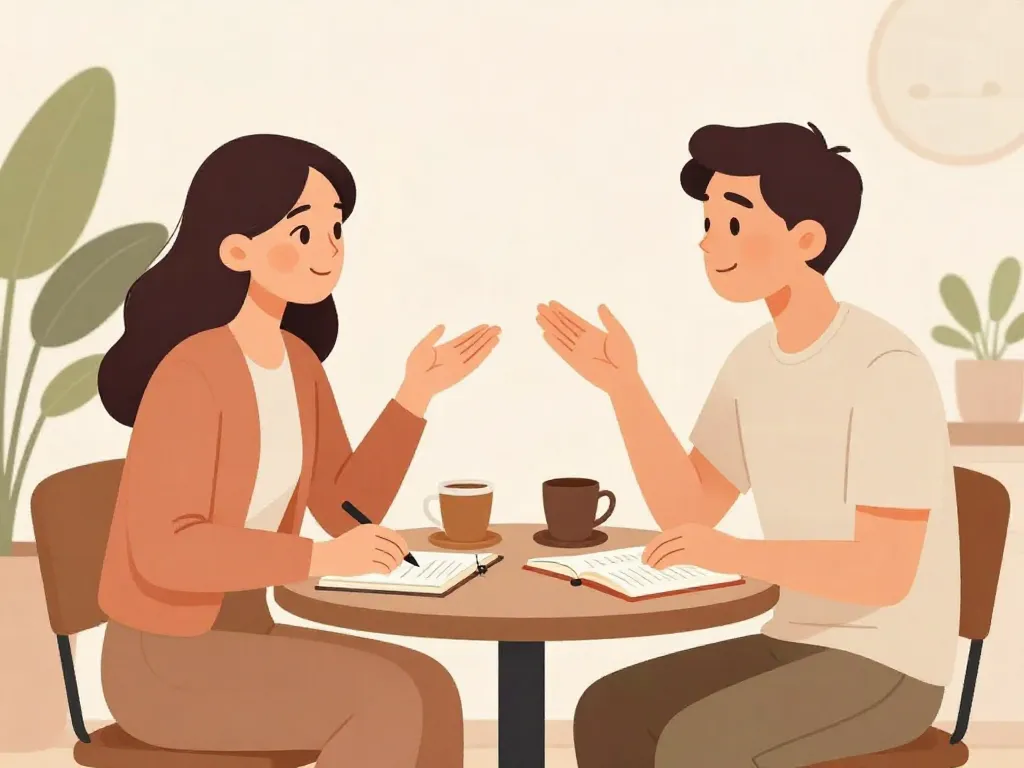 Couple having a productive conversation with notebooks and coffee