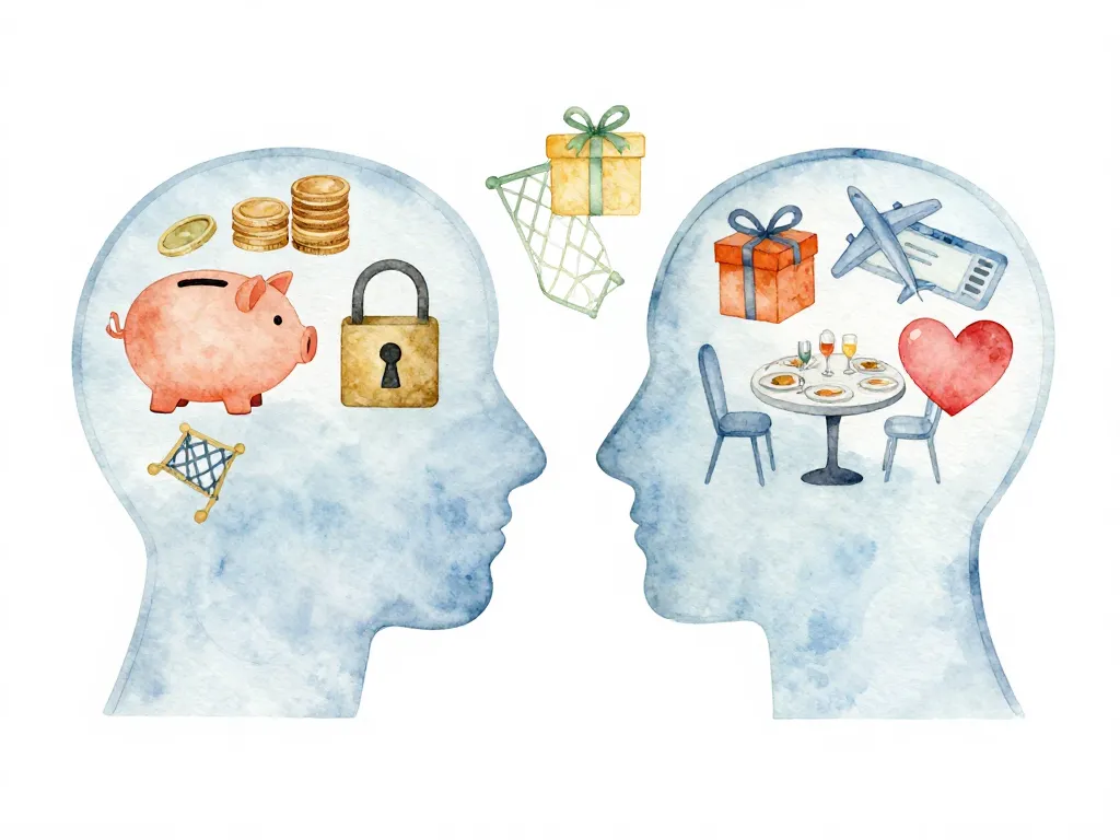 Illustration of two silhouette heads facing each other, one filled with saving symbols and the other with spending symbols, overlapping in the middle
