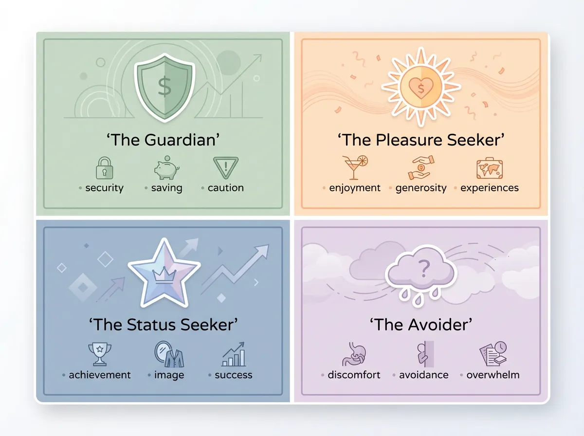 Infographic showing four money archetypes: The Guardian, The Pleasure Seeker, The Status Seeker, and The Avoider, each with an icon and key traits