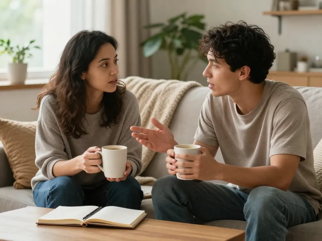 A couple sitting on a couch having a calm, connected conversation over coffee with a notebook on the table in front of them